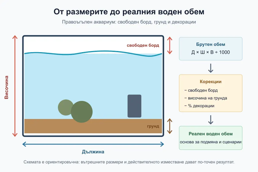 Схема за брутен и реален обем на правоъгълен аквариум със свободен борд, грунд и декорации
