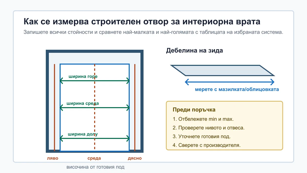 Схема как се измерват ширина, височина и дебелина на зида за интериорна врата