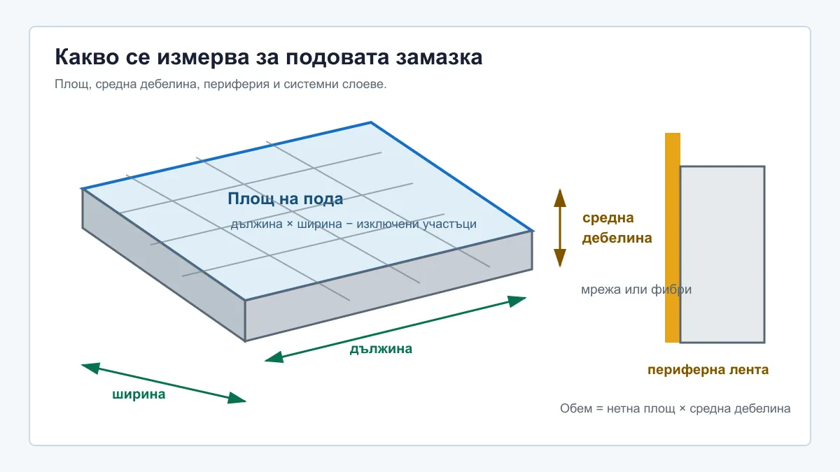 Схема за изчисляване на подова замазка по площ, средна дебелина, периферна лента и армировка