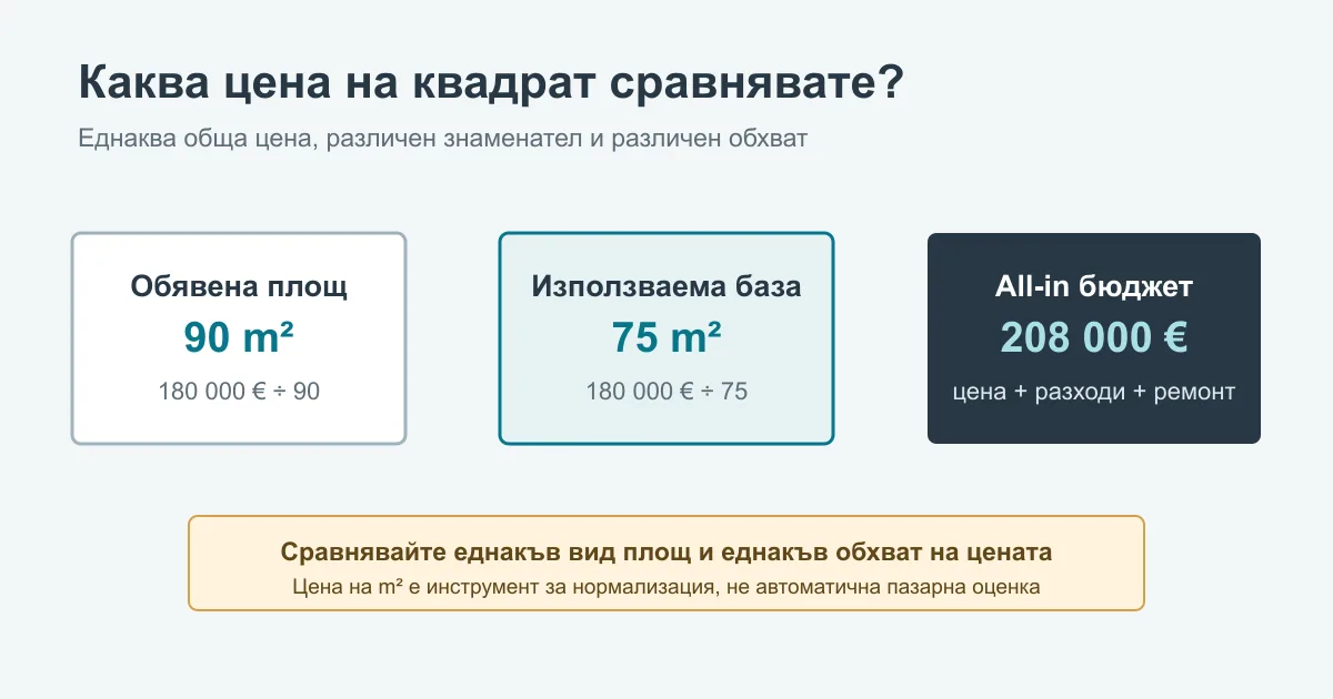 Схема за сравнение на цена на имот на квадратен метър по обявена и използваема площ