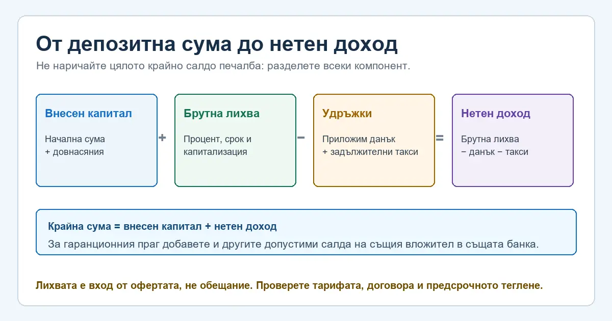 Схема за изчисляване на брутен и нетен доход от депозит