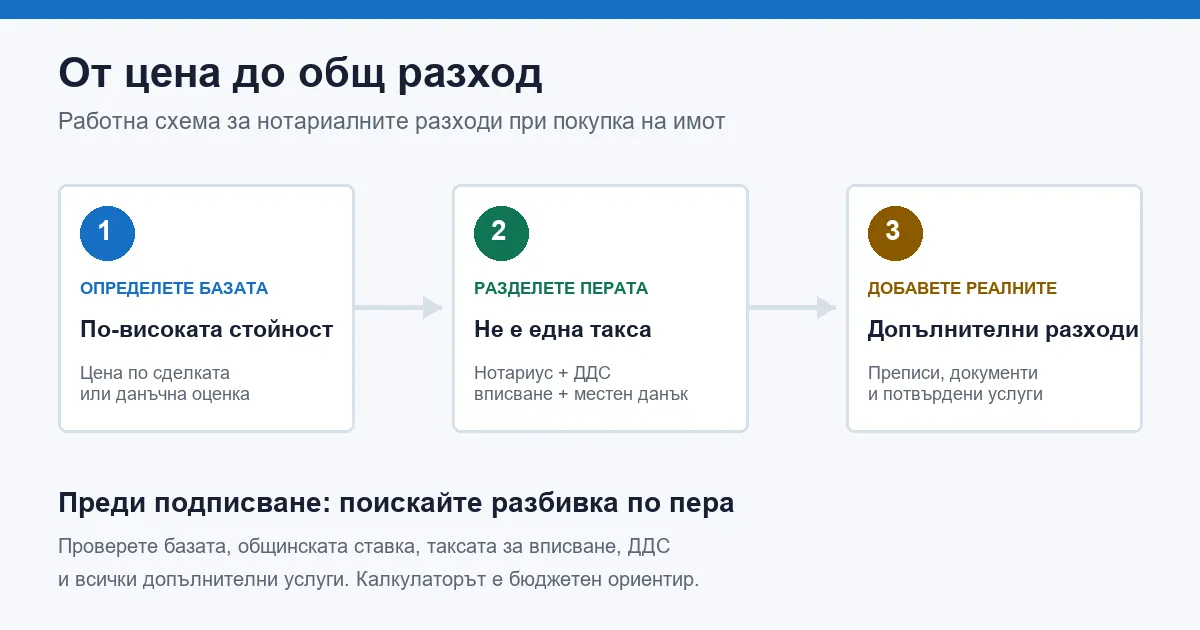 Схема на нотариална такса, ДДС, вписване и местен данък при покупка на имот