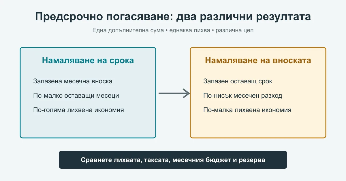 Сравнение на предсрочно погасяване с намаляване на срока или на месечната вноска