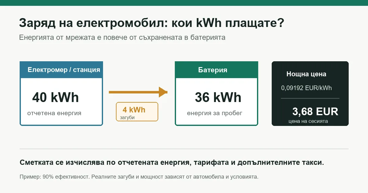 Разлика между енергия в батерията и отчетена енергия при заряд на електромобил
