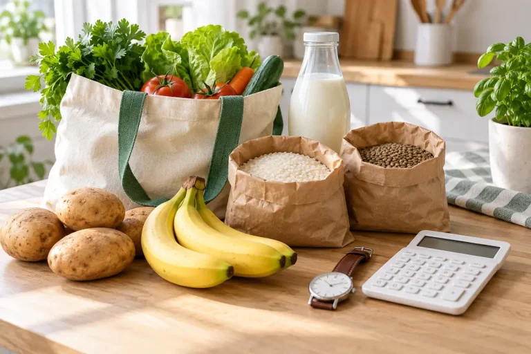 Основни хранителни продукти, часовник и калкулатор върху кухненска маса