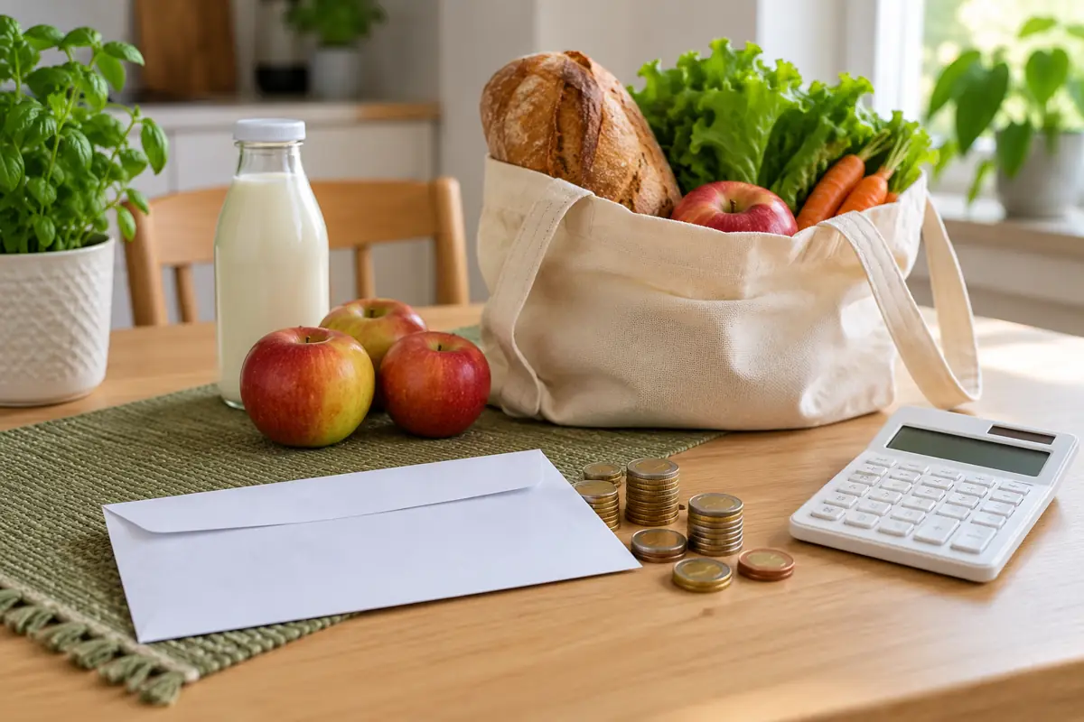 Хранителни продукти, евро монети, плик и калкулатор върху домашна маса