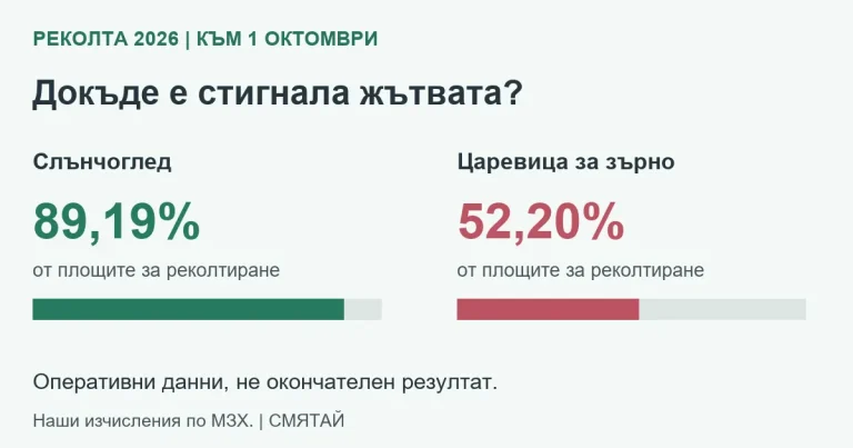 Реколта 2026: реколтирани 89,19% от площите със слънчоглед и 52,20% с царевица към 1 октомври.